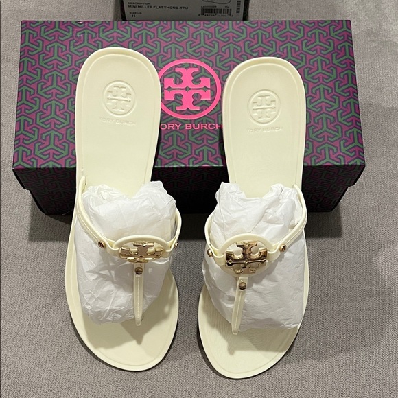 Tory Burch Mini Miller flat thong Ivory Slide Sandals with Gold Accents - Picture 2 of 4